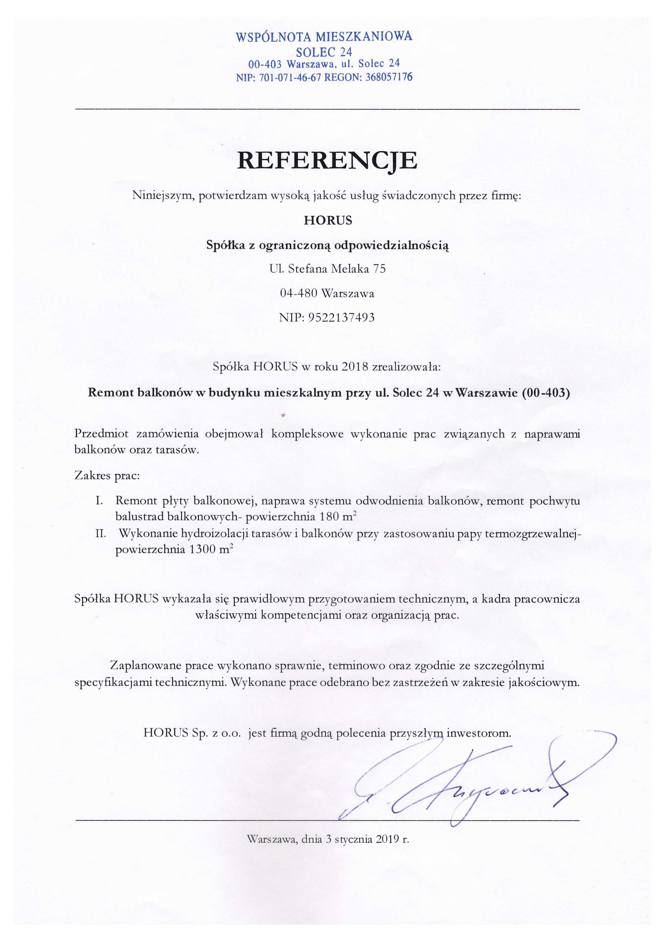 Skan listu referencyjnego — Wspólnota Mieszkaniowa Solec 24